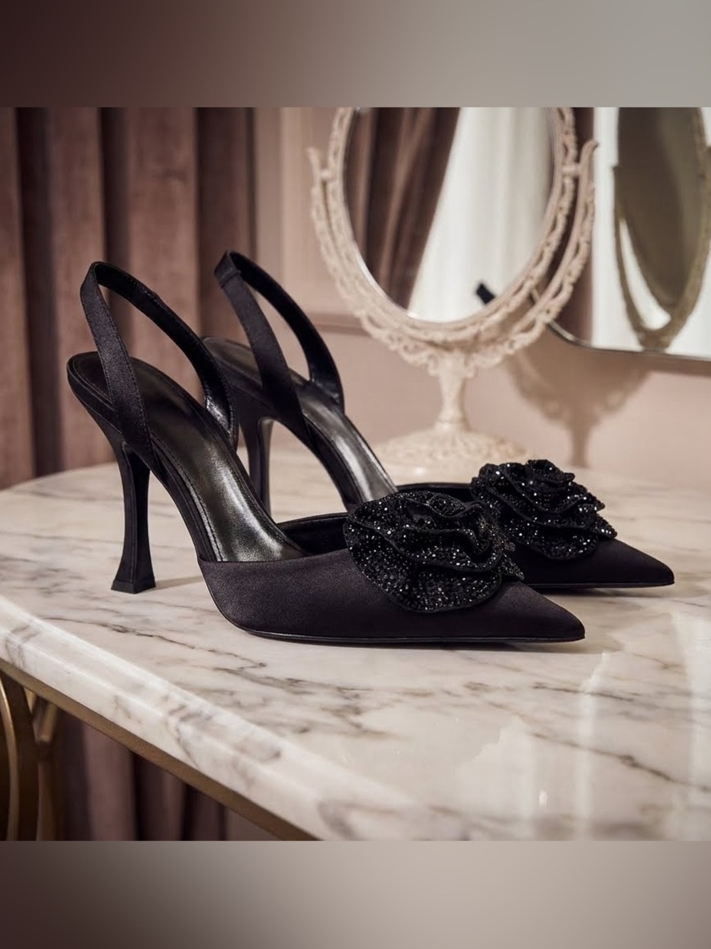 Mango Satin Floral Pointed-Toe Slingback Heels size 9